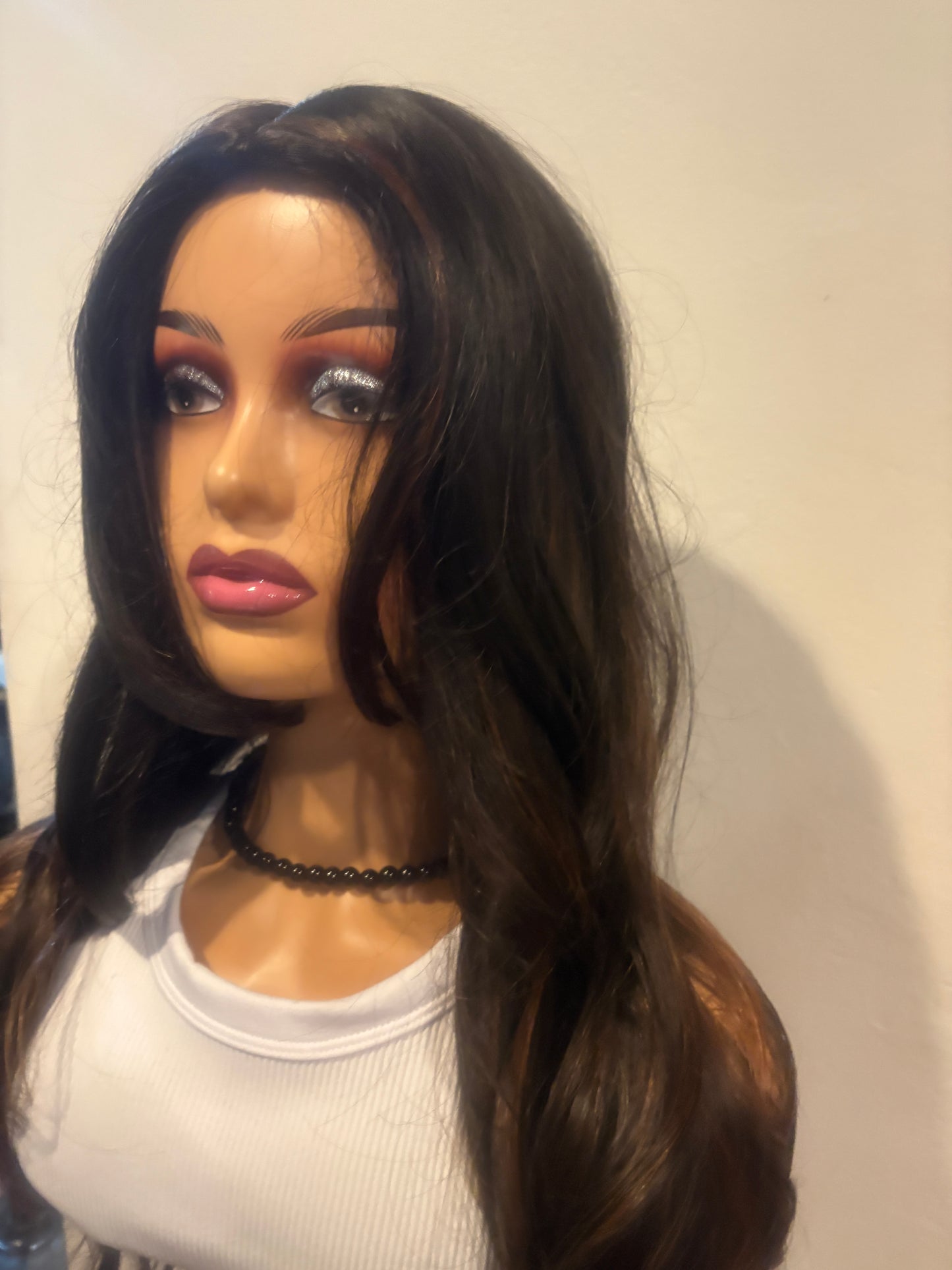 26” Long Curly Synthetic Wig – Black with Brown Highlights