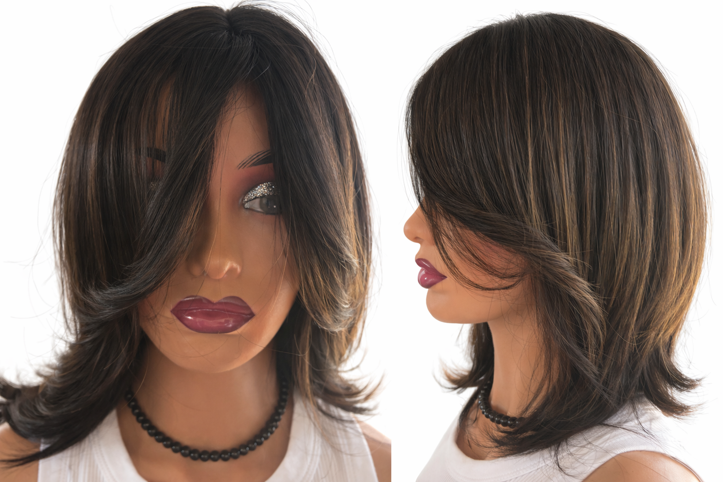 14 Inch Synthetic Long Layered Wig – Black with Brown Highlights
