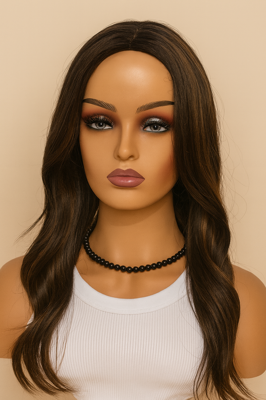 22-Inch Long Layered Wig – Brown Highlights, Heat-Resistant Synthetic