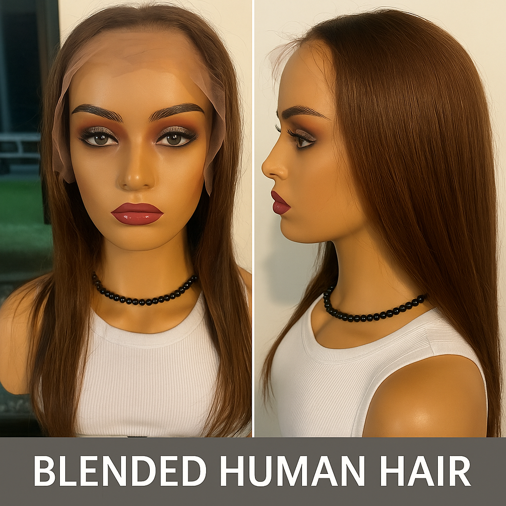 16” Glueless HD Frontal Wig – Brown Human Hair Blend, 200% Density, 13×4 Lace_20:43