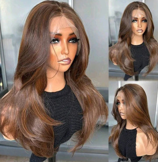 Brown Lace Front Wig – 18-Inch Wavy Kanekalon with Curtain Bangs