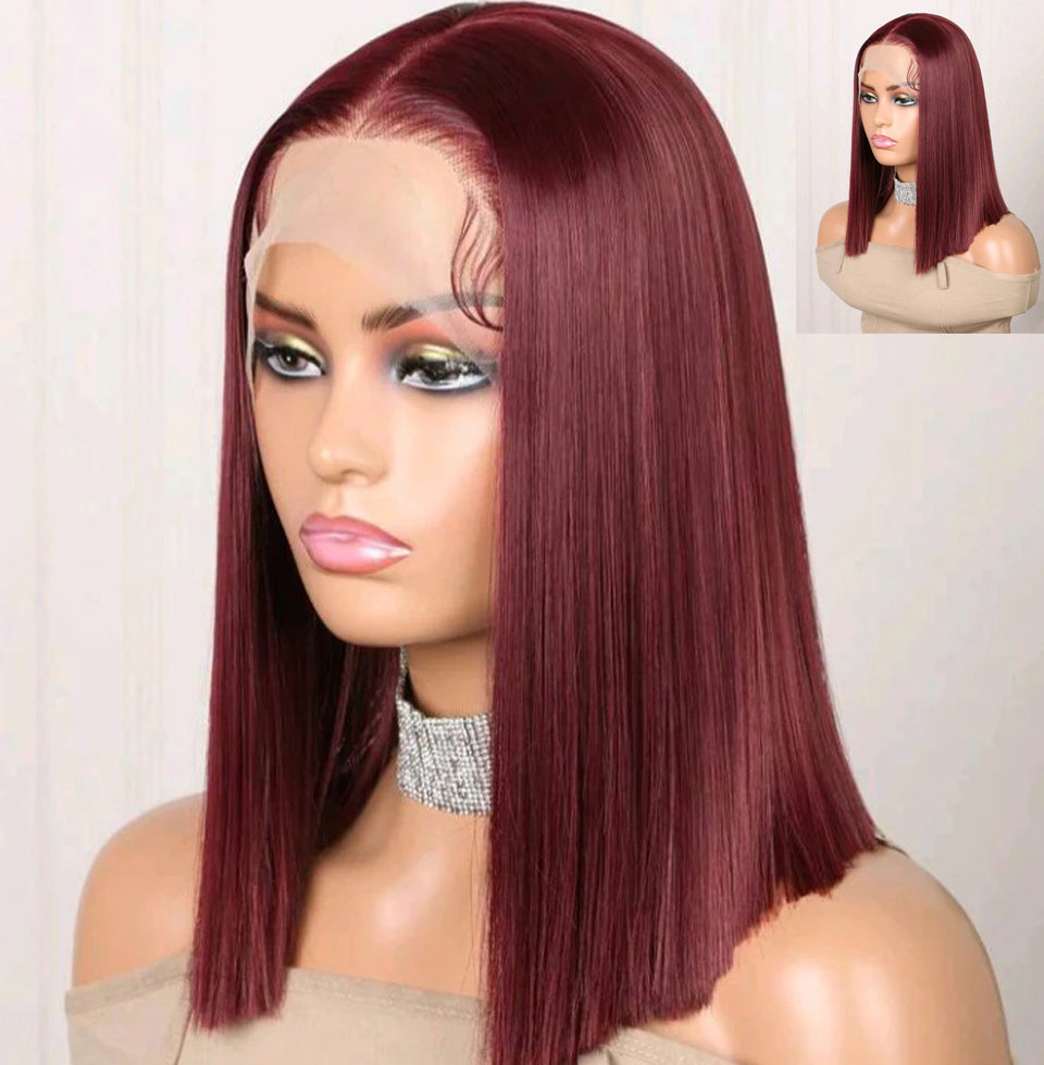 Burgundy Lace Front Wig – 16-Inch Bob, Human Hair Blend