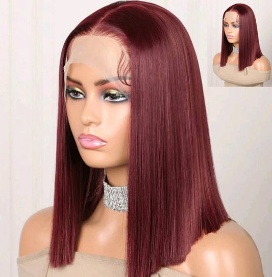 Burgundy Lace Front Wig – 16-Inch Bob, Human Hair Blend