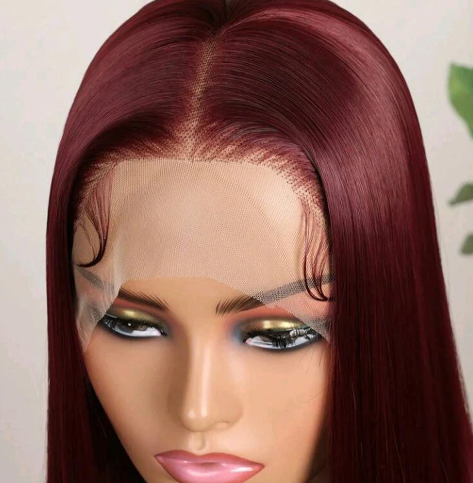 Burgundy Lace Front Wig – 16-Inch Bob, Human Hair Blend