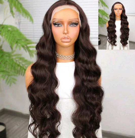 30-Inch Brown Lace Front Wig – Human Hair Blend, Heat-Resistant with Pre-Permed Hairline
