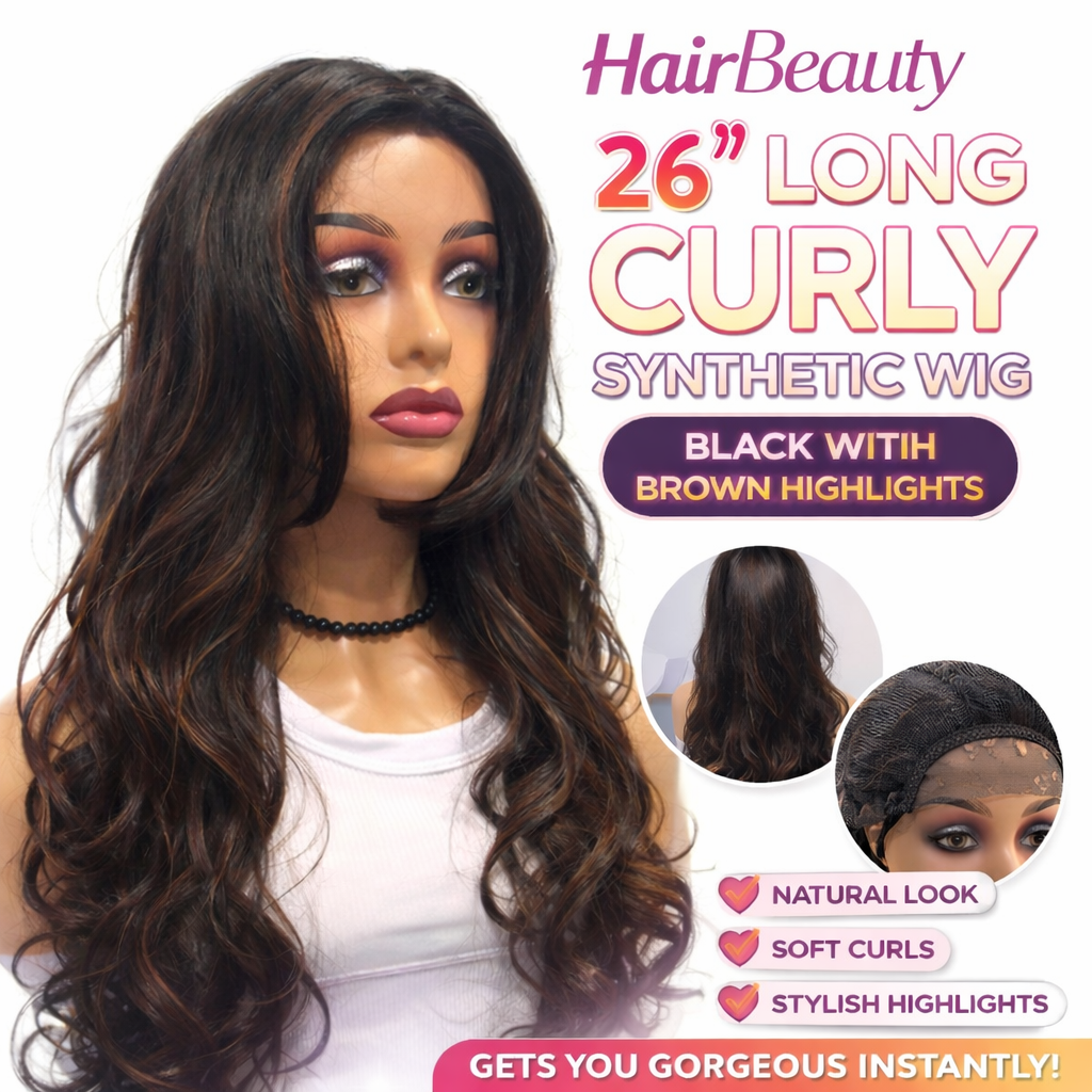 26” Long Curly Synthetic Wig – Black with Brown Highlights