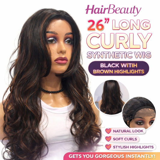 26” Long Curly Synthetic Wig – Black with Brown Highlights