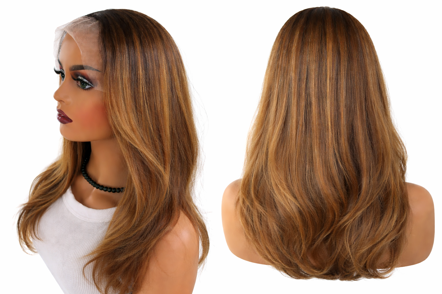 16 Inch Glueless Brown Honey Blonde Blended Human Hair Wig – 200% Density (5×5 Lace)