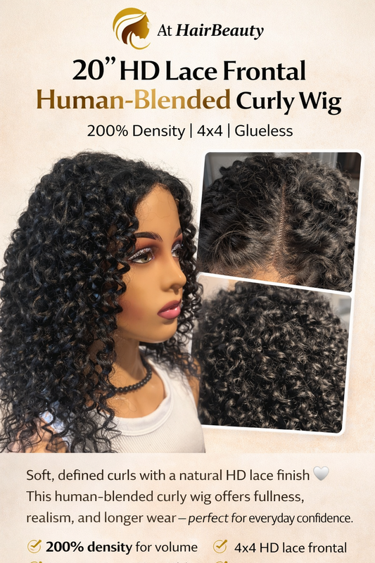20 Inch HD Lace Frontal Human-Blended Curly Wig – 200% Density (4x4, Glueless)