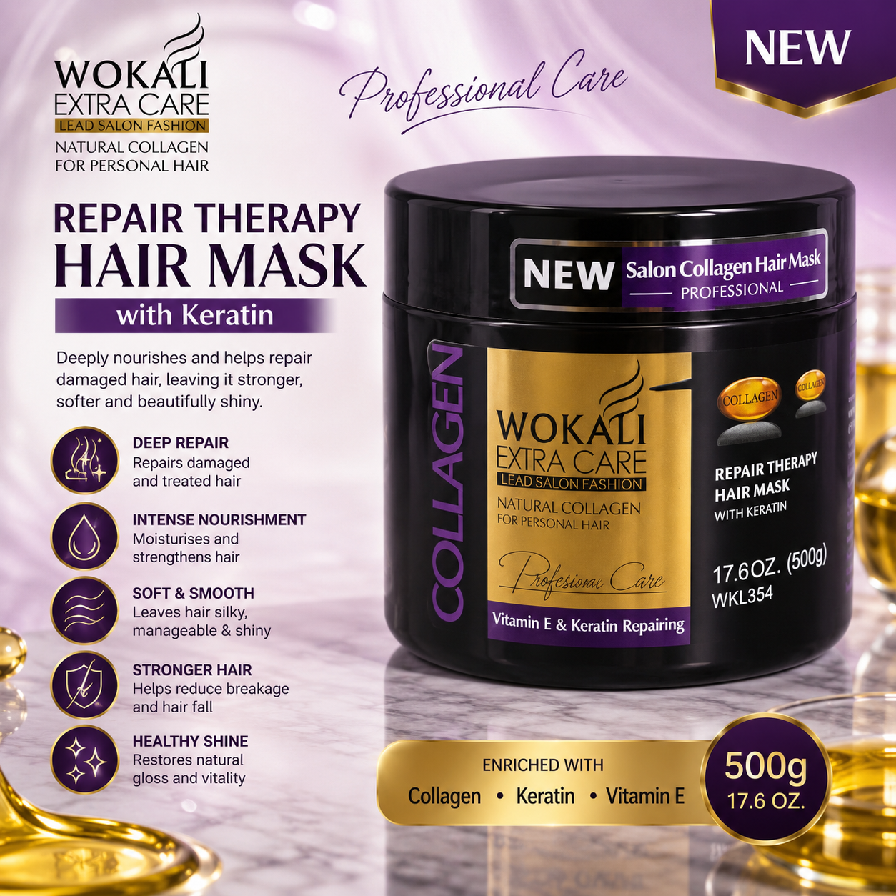 WOKALI Collagen Repair Therapy Hair Mask with Keratin & Vitamin E – 500g