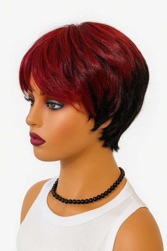 6-Inch Pixie Cut Wig – Ombre Black & Red Highlights