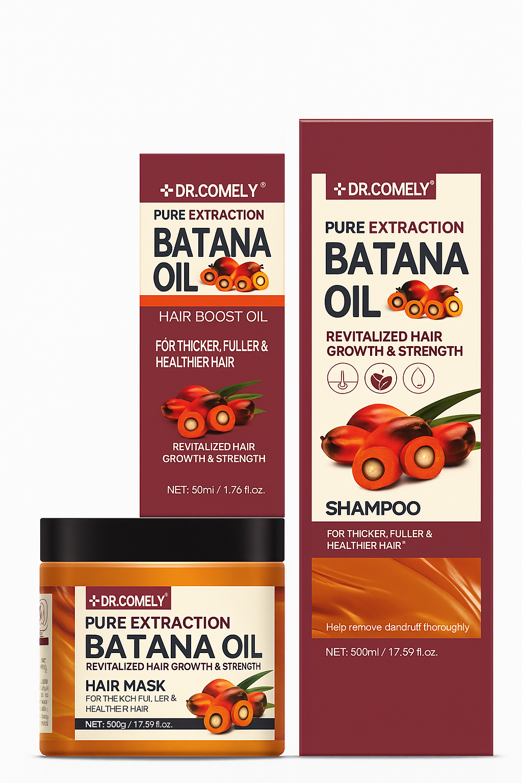 Dr. Comely Pure Extraction Batana Oil – Shampoo, Hair Mask & Boost Oil Set