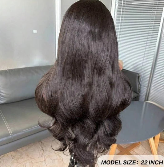Natural Black Lace Front Wig – 22-Inch Human Blend with Curtain Bangs
