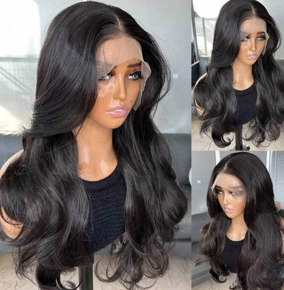 Natural Black Lace Front Wig – 22-Inch Human Blend with Curtain Bangs